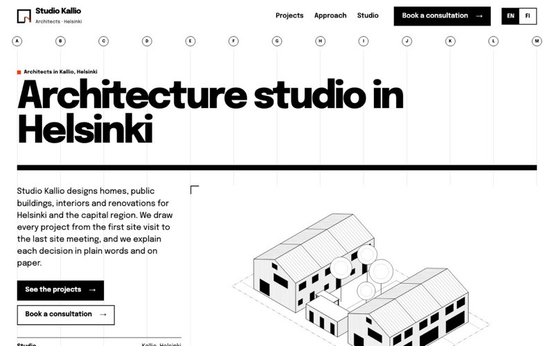 Home page of an example website for a architecture studio