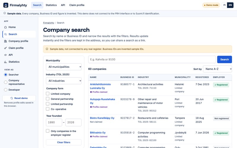 Home page of an example website for a business directory platform