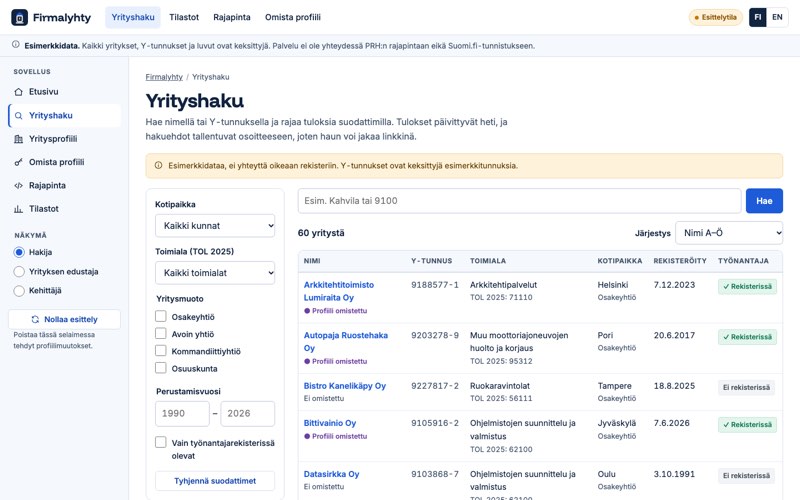 Esimerkkisivuston etusivu: yrityshakemistopalvelu