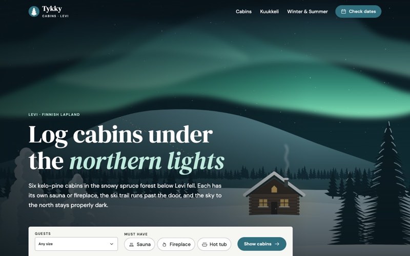 Home page of an example website for a holiday cabin rental