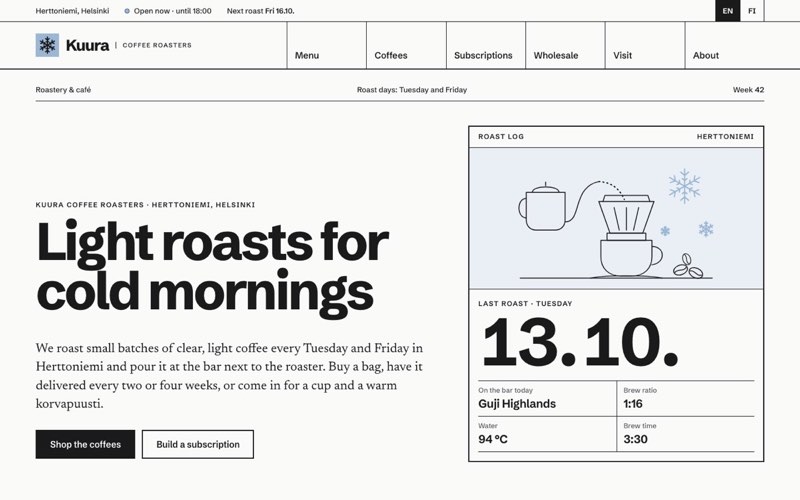 Home page of an example website for a café and coffee roaster