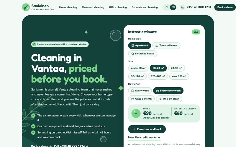 Home page of an example website for a cleaning company