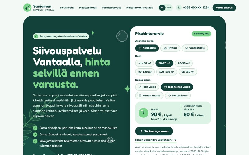 Esimerkkisivuston etusivu: siivouspalvelu