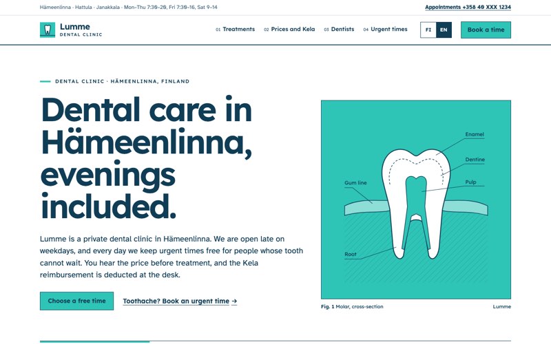 Home page of an example website for a dental clinic