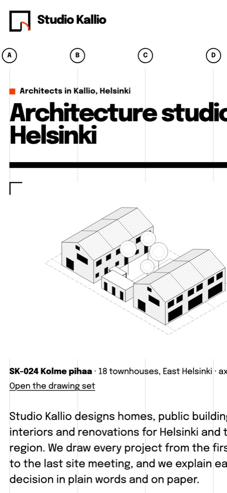 Phone view of the example website for a architecture studio