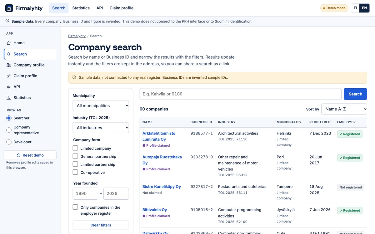 Desktop view of the example website for a business directory platform