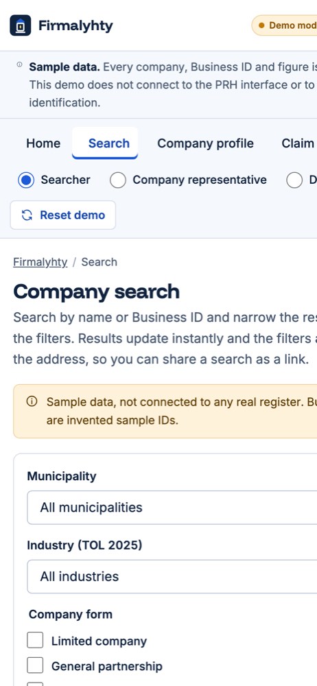 Phone view of the example website for a business directory platform