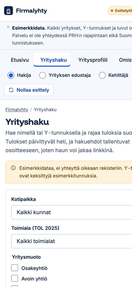 Esimerkkisivusto puhelimella: yrityshakemistopalvelu