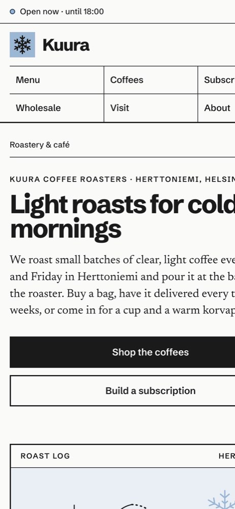 Phone view of the example website for a café and coffee roaster