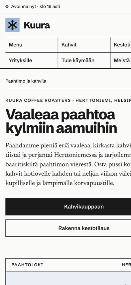Esimerkkisivusto puhelimella: kahvila ja paahtimo