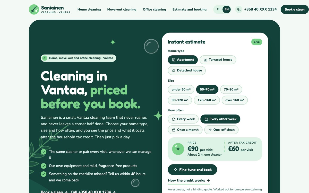 Desktop view of the example website for a cleaning company