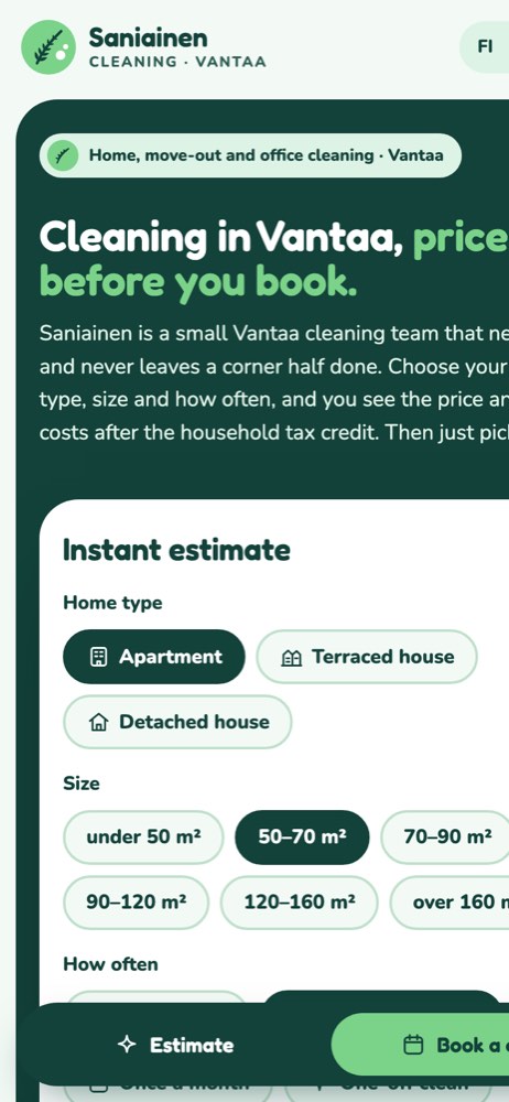 Phone view of the example website for a cleaning company