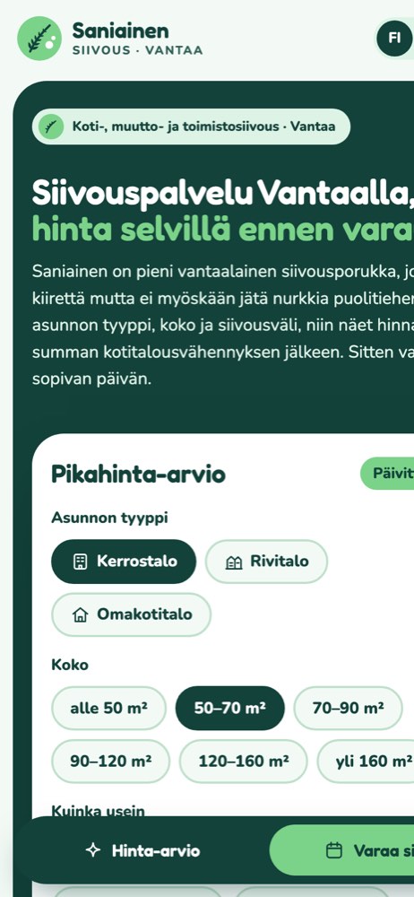 Esimerkkisivusto puhelimella: siivouspalvelu