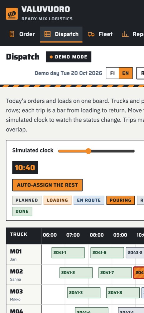 Phone view of the example website for a concrete ordering and fleet platform