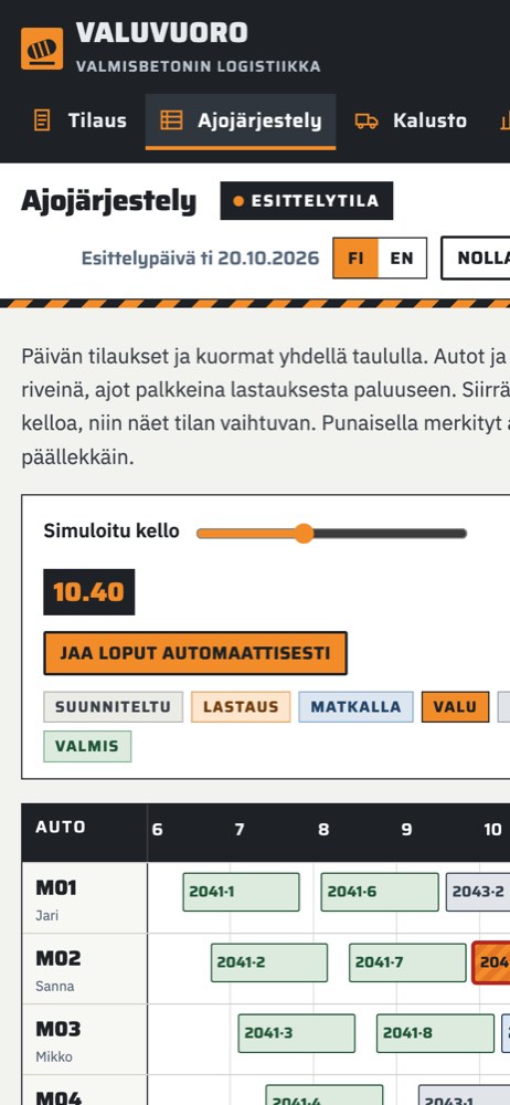 Esimerkkisivusto puhelimella: betonitilaukset ja kalustonohjaus
