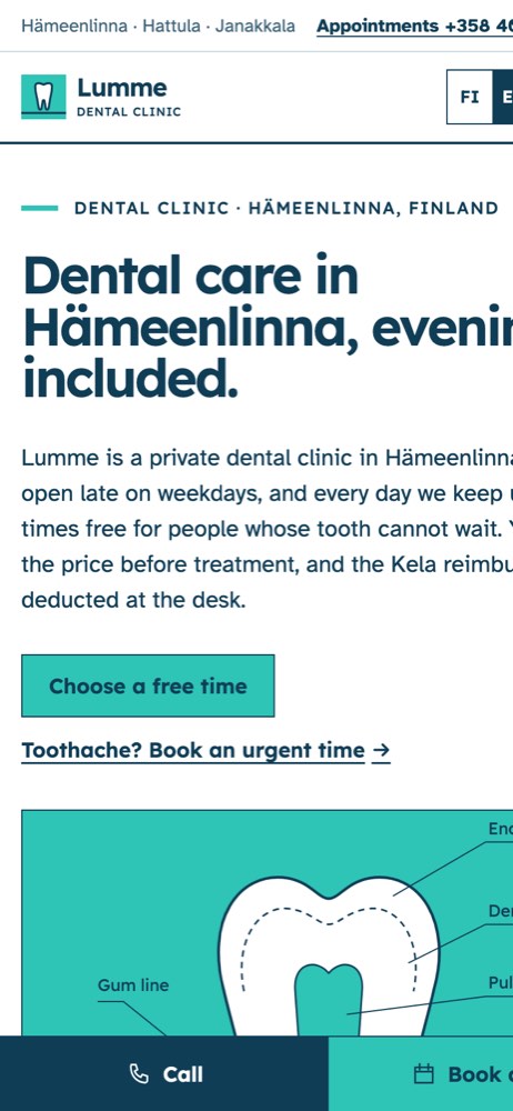 Phone view of the example website for a dental clinic