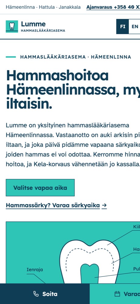 Esimerkkisivusto puhelimella: hammaslääkäriasema