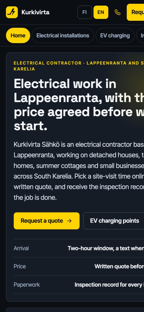 Phone view of the example website for a electrical contractor
