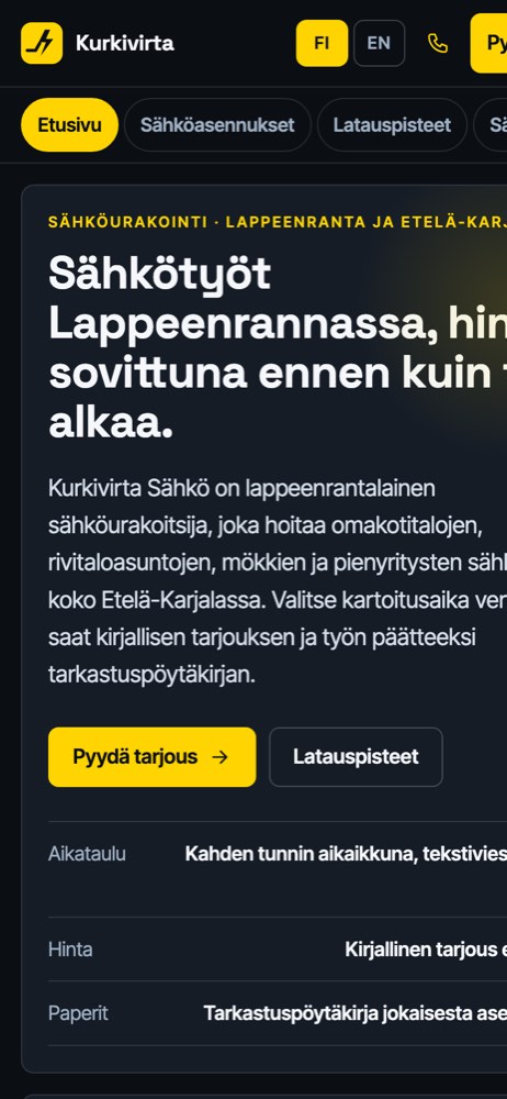 Esimerkkisivusto puhelimella: sähköurakoitsija