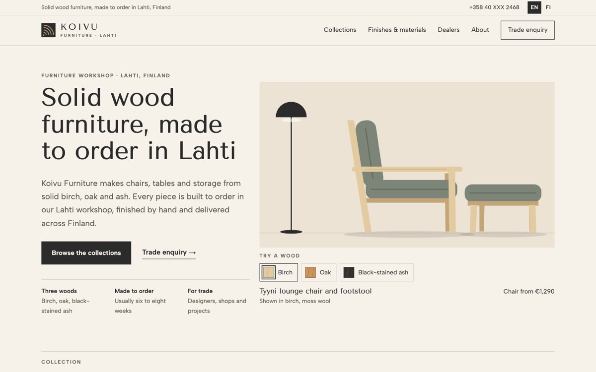 Desktop view of the example website for a furniture maker