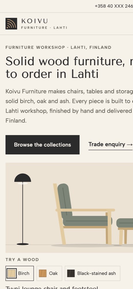 Phone view of the example website for a furniture maker