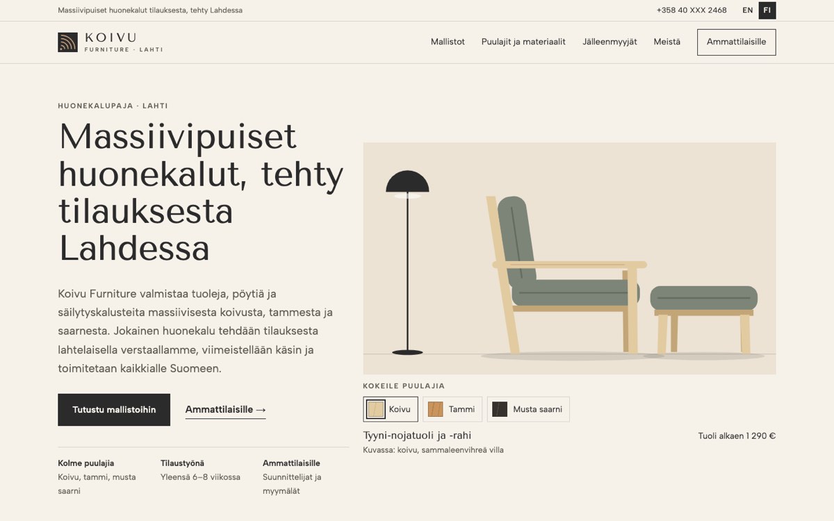 Esimerkkisivusto tietokoneella: huonekaluvalmistaja