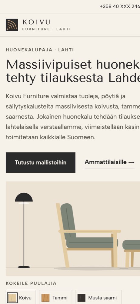 Esimerkkisivusto puhelimella: huonekaluvalmistaja
