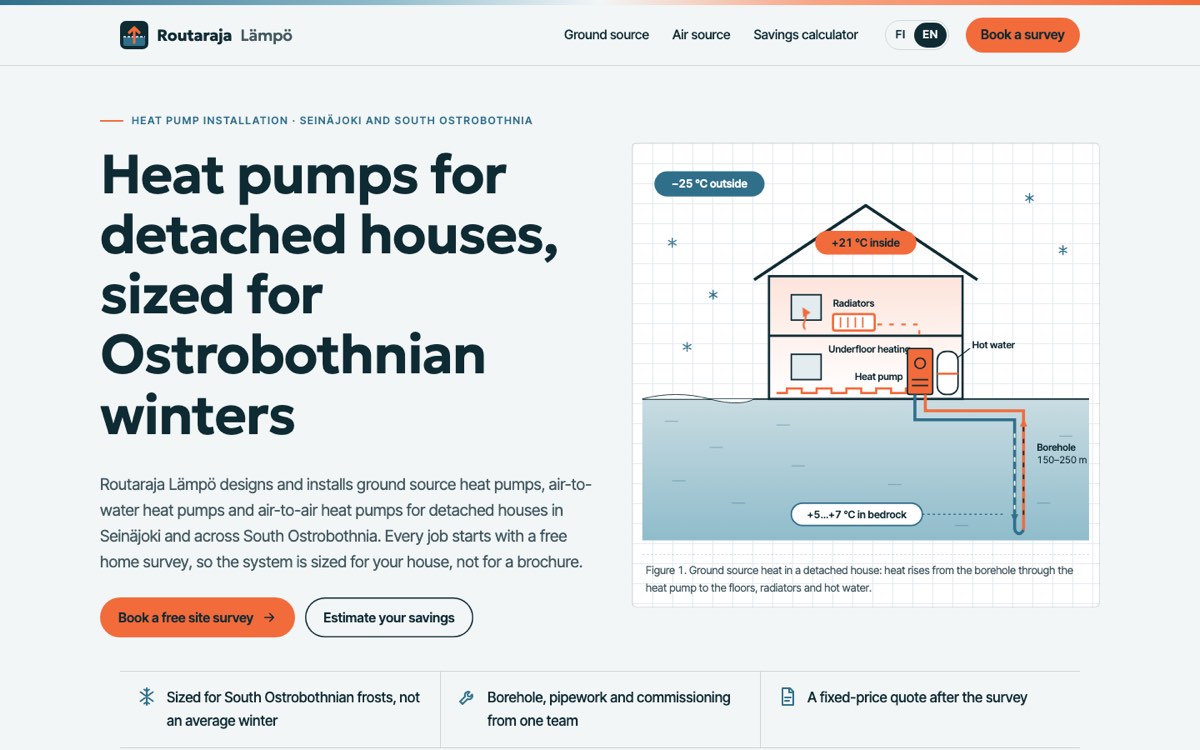 Desktop view of the example website for a heat pump installer
