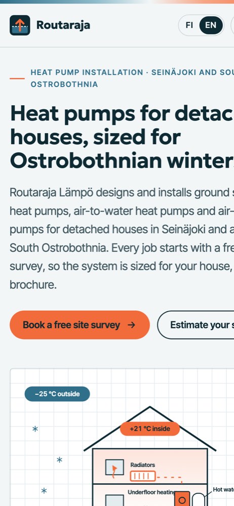 Phone view of the example website for a heat pump installer