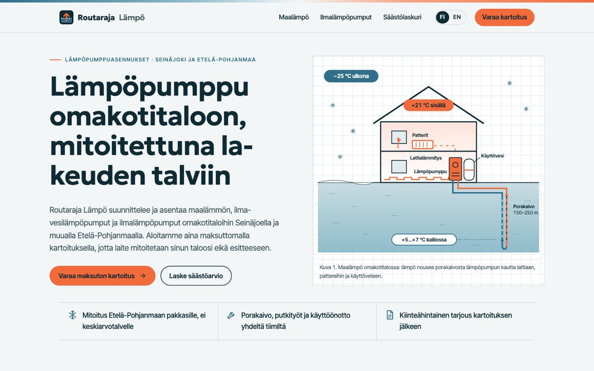Esimerkkisivusto tietokoneella: lämpöpumppuasennukset