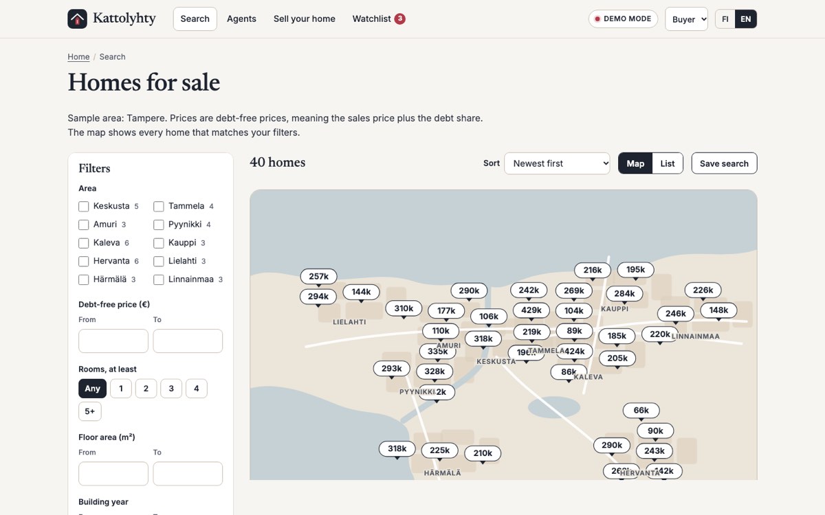 Desktop view of the example website for a property marketplace platform