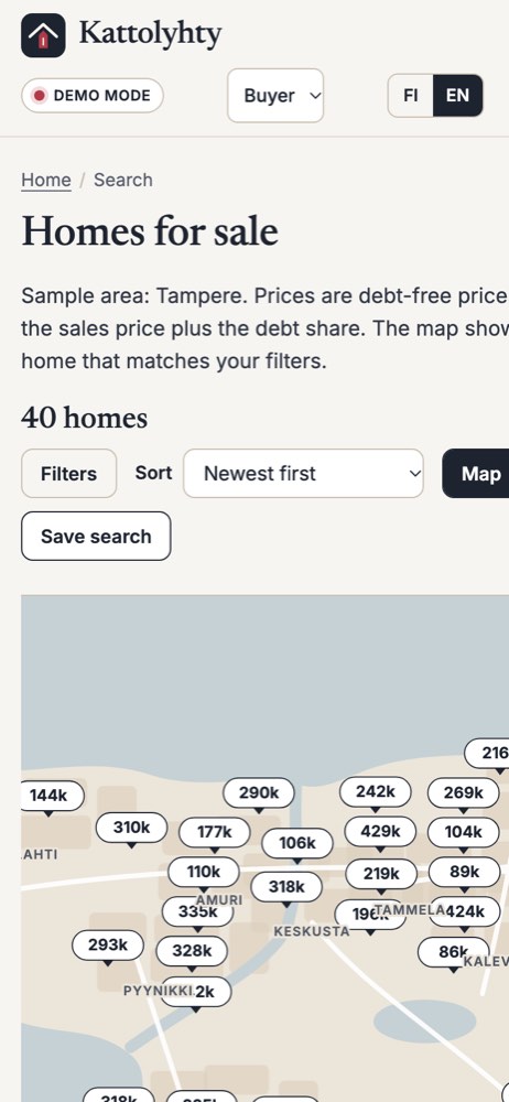 Phone view of the example website for a property marketplace platform