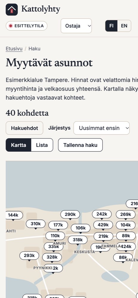 Esimerkkisivusto puhelimella: asuntojen markkinapaikka