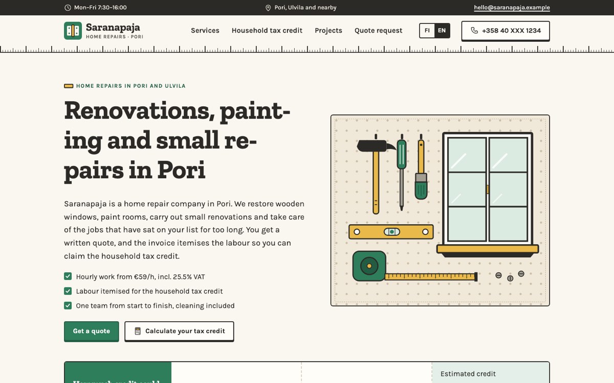 Desktop view of the example website for a home repairs and renovation