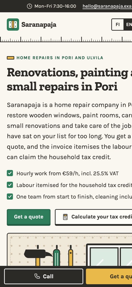 Phone view of the example website for a home repairs and renovation