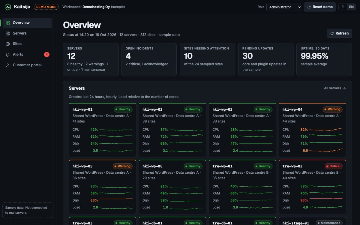 Desktop view of the example website for a hosting and server monitoring platform