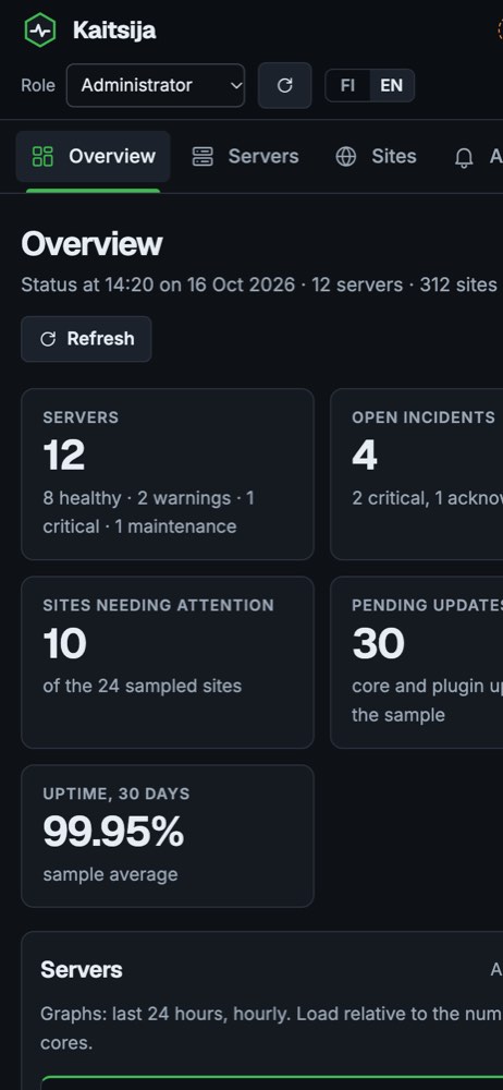Phone view of the example website for a hosting and server monitoring platform