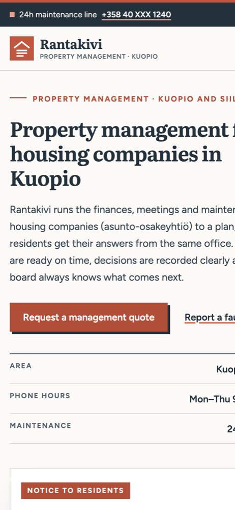 Phone view of the example website for a housing company manager