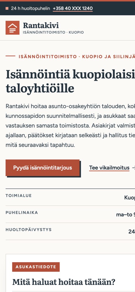 Esimerkkisivusto puhelimella: isännöintitoimisto