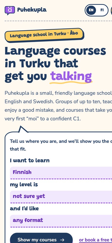 Phone view of the example website for a language school