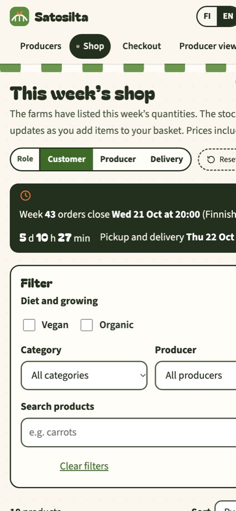 Phone view of the example website for a local food ordering platform