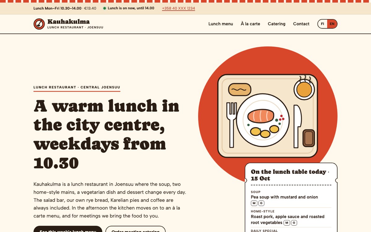 Desktop view of the example website for a lunch restaurant