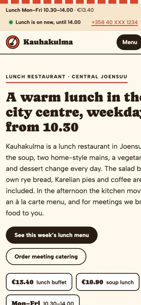 Phone view of the example website for a lunch restaurant