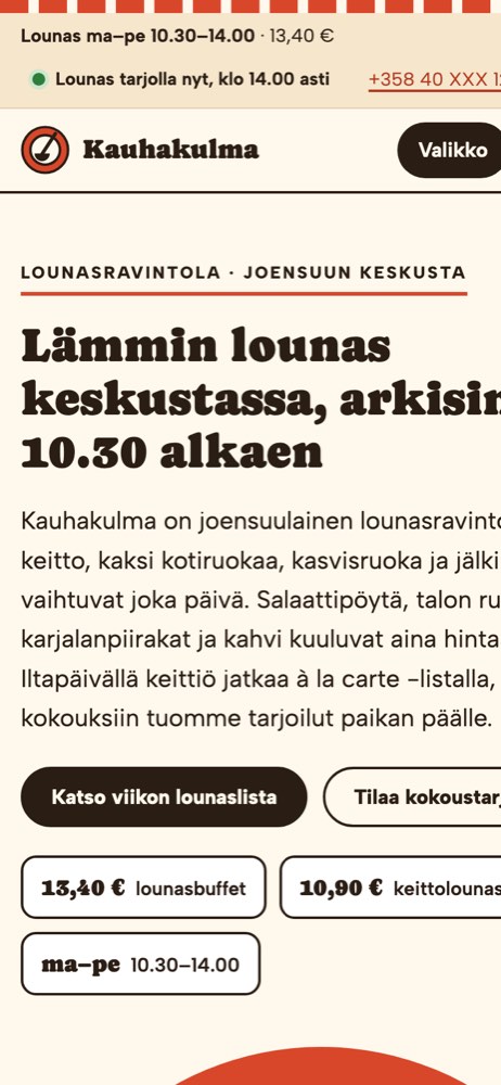 Esimerkkisivusto puhelimella: lounasravintola