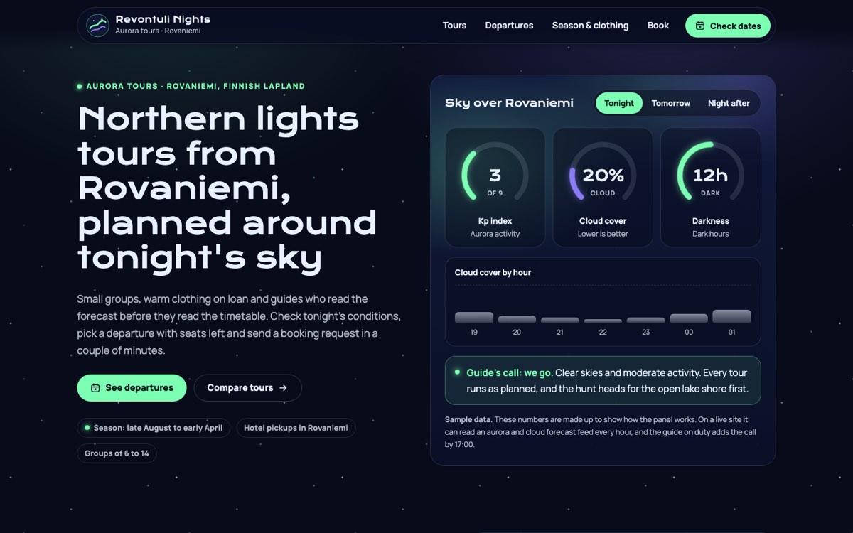 Desktop view of the example website for a northern lights tours
