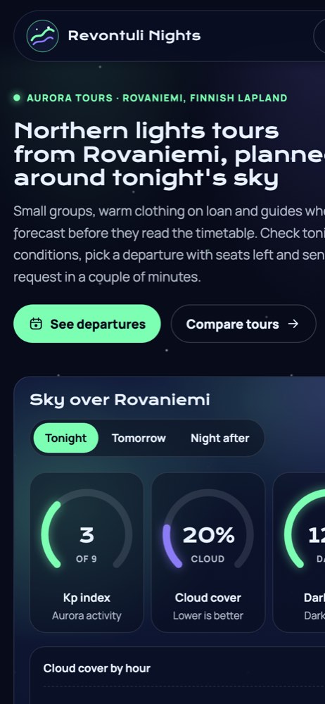 Phone view of the example website for a northern lights tours