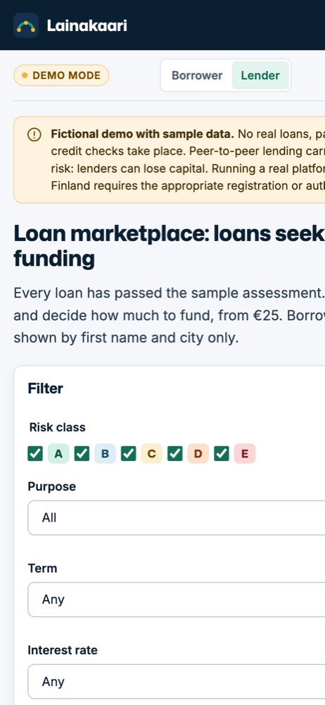 Phone view of the example website for a peer-to-peer lending platform