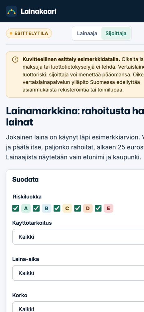 Esimerkkisivusto puhelimella: vertaislainapalvelu