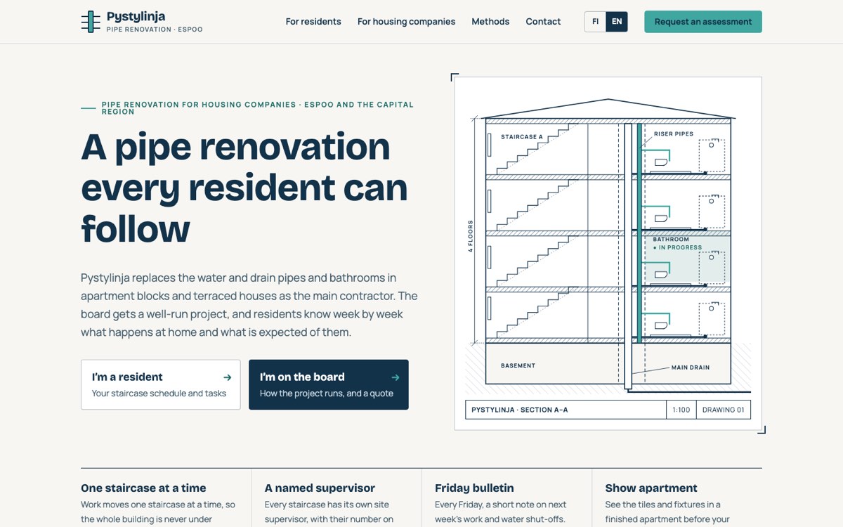 Desktop view of the example website for a pipe renovation contractor