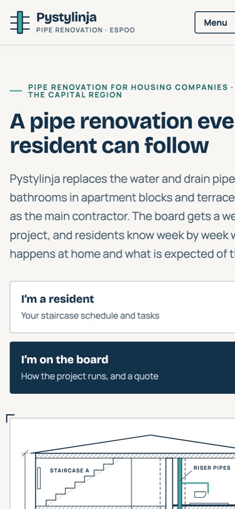 Phone view of the example website for a pipe renovation contractor